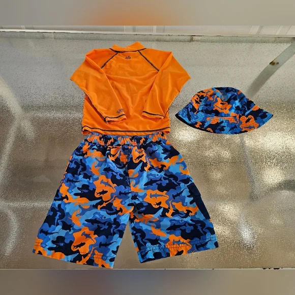 UV Skinz Kids Swim Set Orange Shark Rash Guard Board Shorts Hat UPF50 Beach - Picture 4 of 9